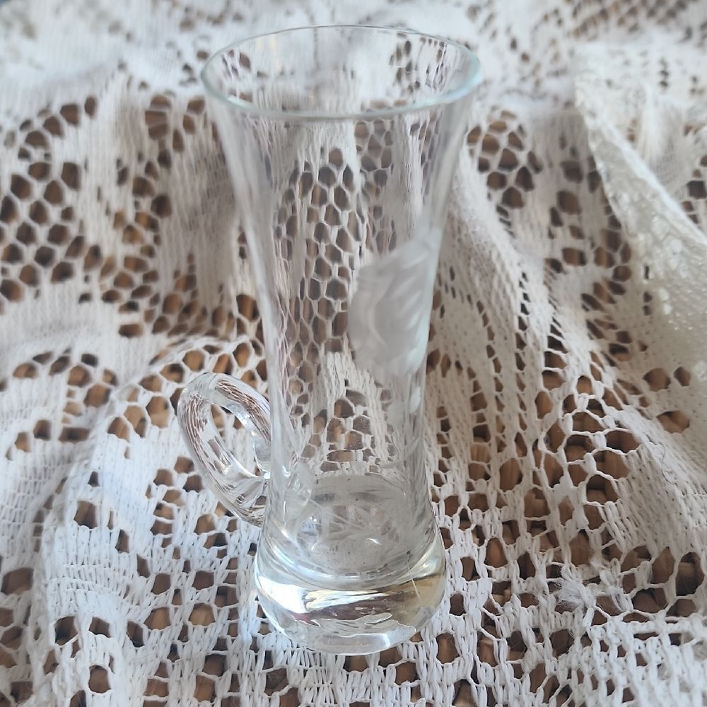 Vintage Floral Etched Glass Small Handled Bud Vase - Picture 2 of 8